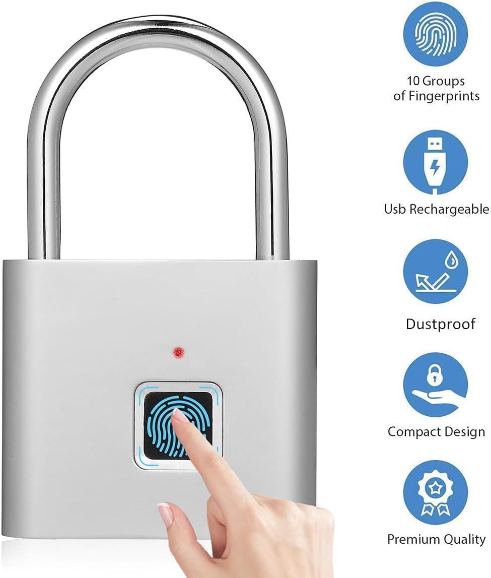 Fingerprint Padlock, USB Charging Waterproof Mini Smart Security Lock with No App, No Key, No Trouble, Friendly for Kids and Elderly